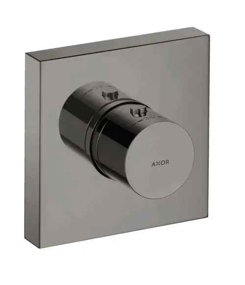 Thermostatmodul mit einem runden Bedienknopf und einem quadratischen Wandpaneel in glänzendem Schwarzchrom, Marke AXOR.